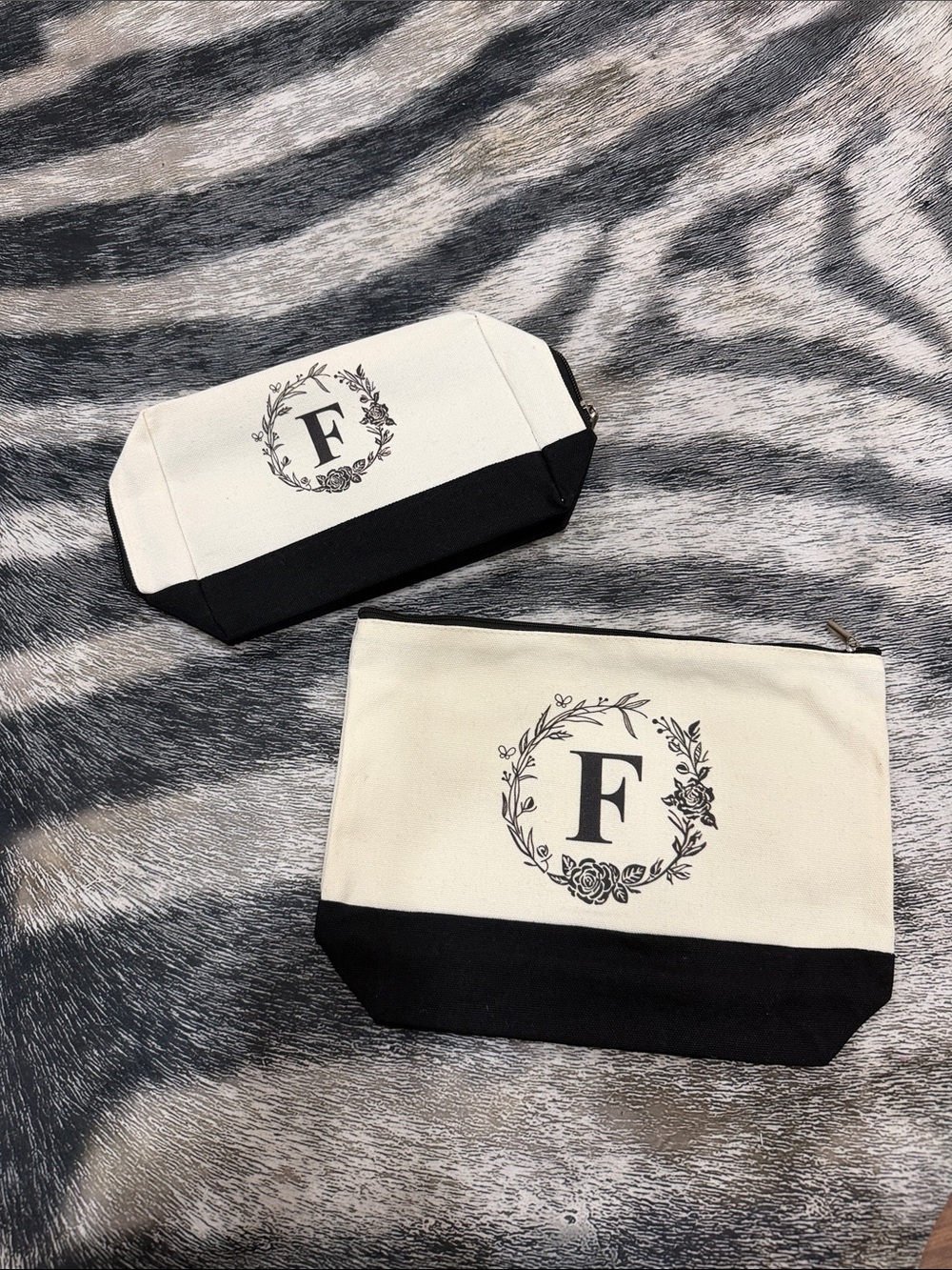 Initial F Monogram Canvas Cosmetic Pouch Set in Cream and Black